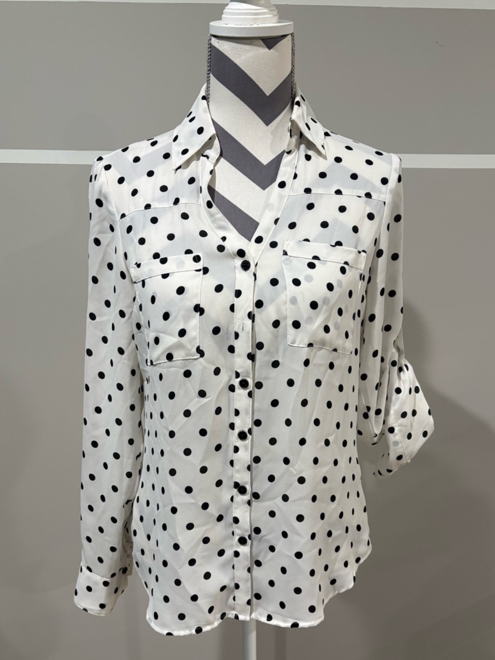 Express Cream Portofino Button-Front Blouse with Black Polka Dots